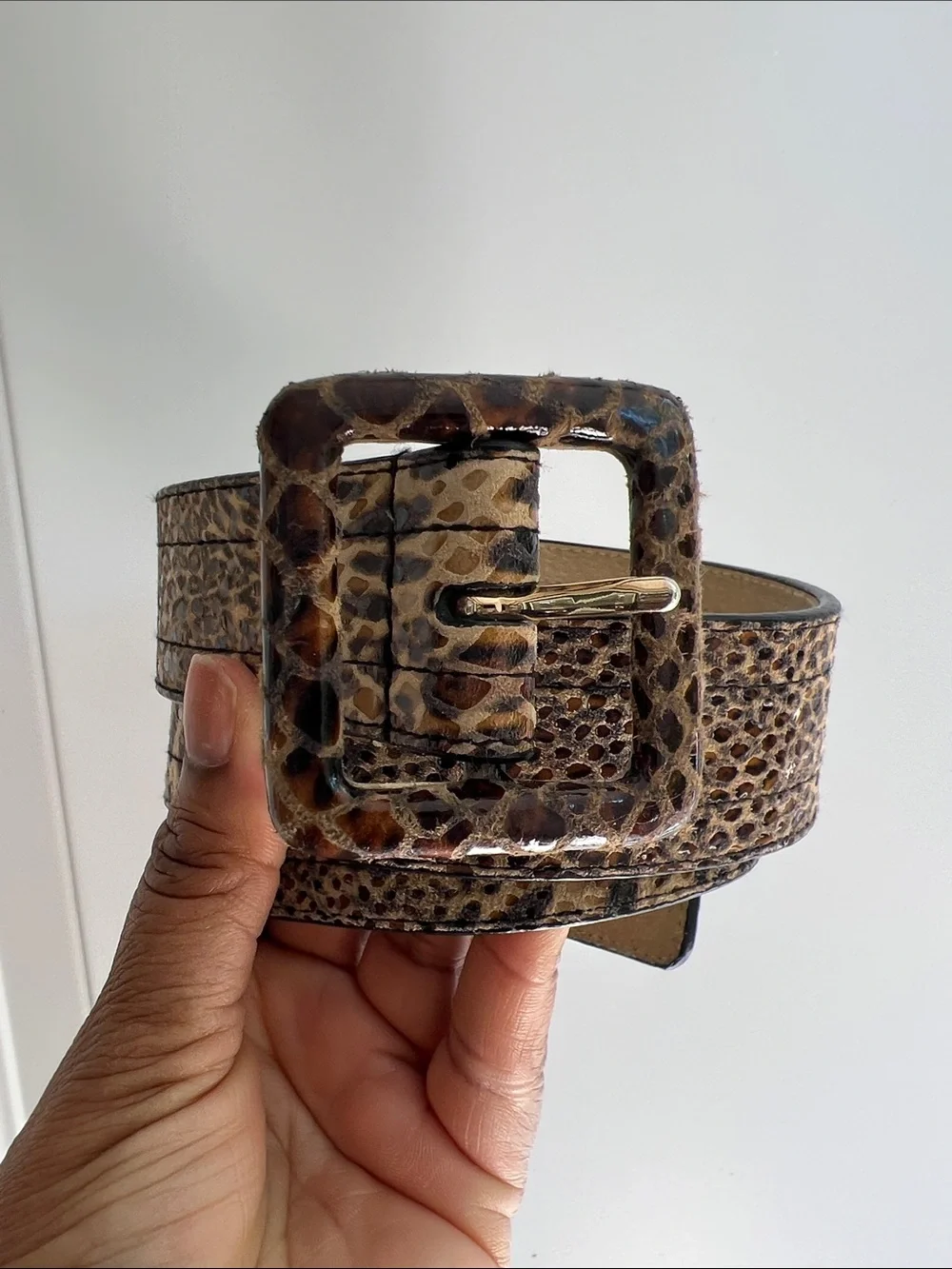 Anne Klein Leopard-Print Belt with Tortoiseshell Square Buckle Small